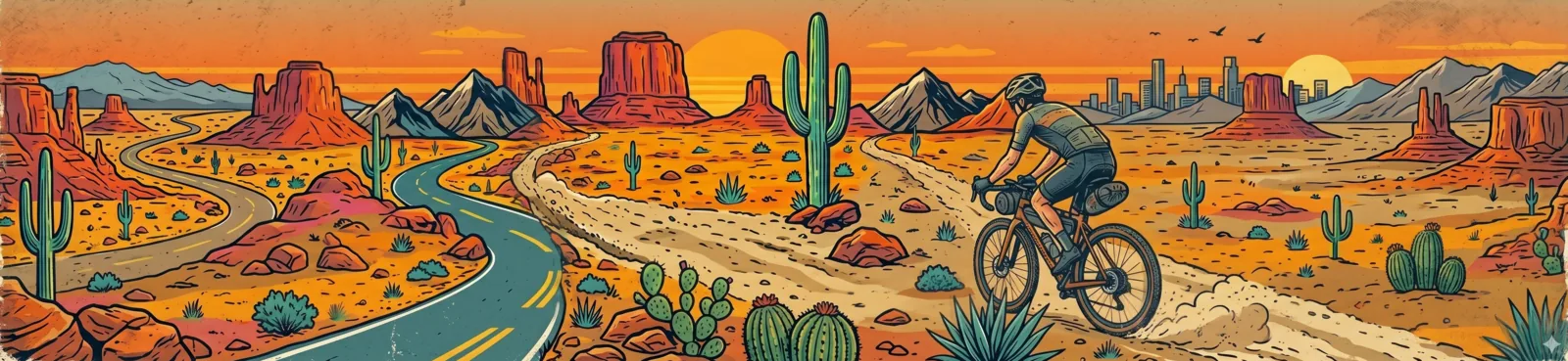 Desert Southwest — buttes, saguaro, and a rider on a sunset two-track